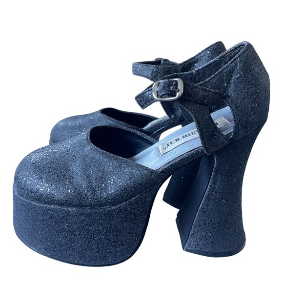 Vintage Y2K Womans 5.5 Platform SHIMMER Sandals Round Toe Block Heel Black 1990s - Picture 4 of 6